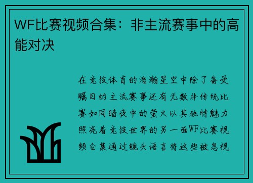 WF比赛视频合集：非主流赛事中的高能对决