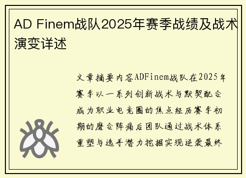 AD Finem战队2025年赛季战绩及战术演变详述